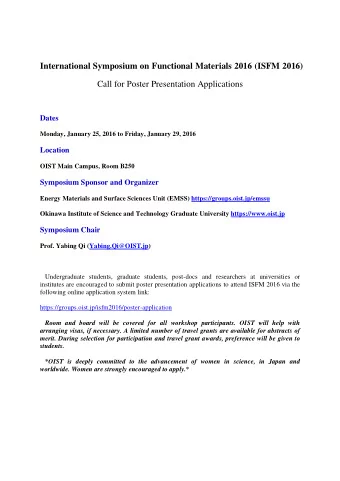 International Symposium on Functional Materials 2016 (ISFM 2016)  Call for Poster Presentation