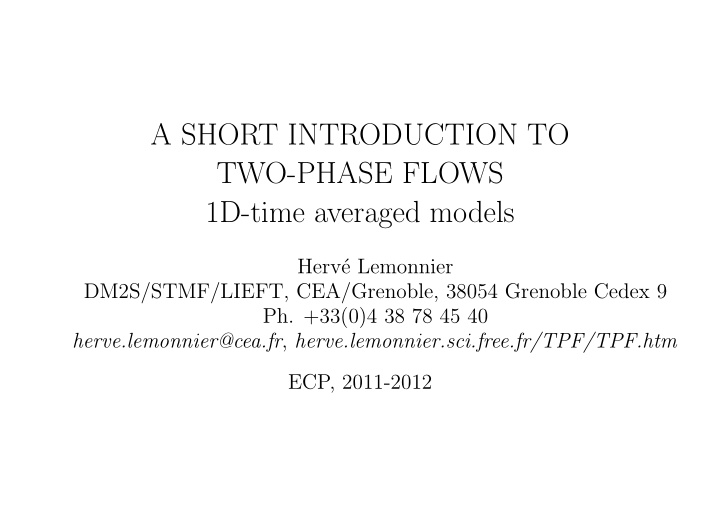 a short introduction to two phase flows 1d time averaged