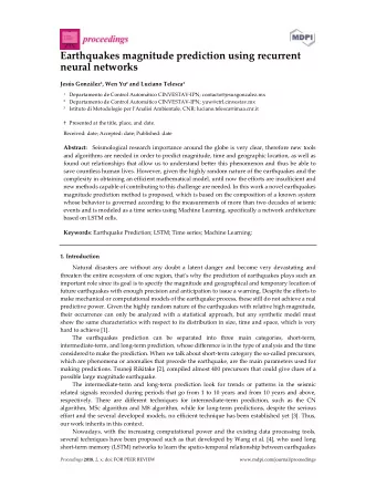 Earthquakes magnitude prediction using recurrent  neural networks Jess Gonzlez 1 , Wen Yu 2 and
