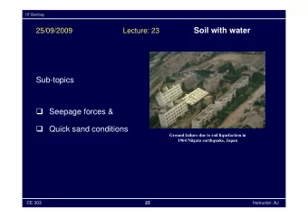 Soil with water  25/09/2009  Lecture: 23  Sub-topics  Seepage forces &amp;  Quick sand
