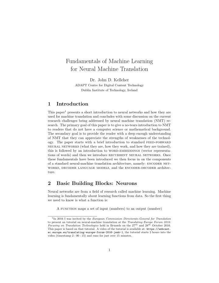 fundamentals of machine learning for neural machine