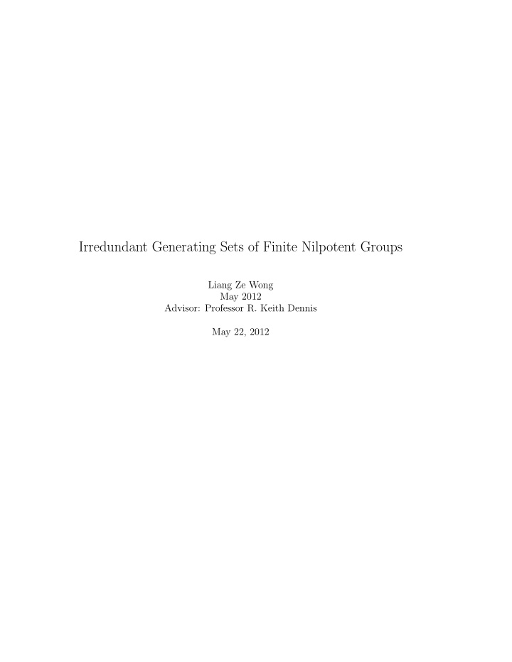 irredundant generating sets of finite nilpotent groups