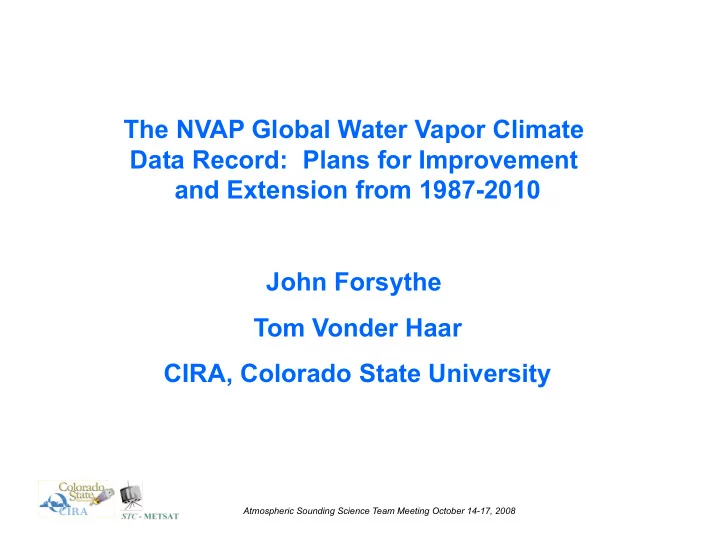 the nvap global water vapor climate data record plans for