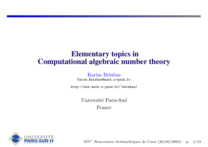 elementary topics in computational algebraic number theory