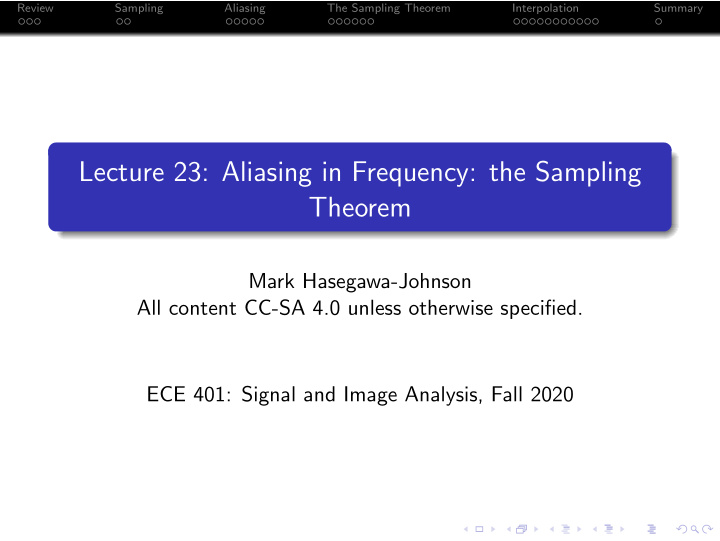 lecture 23 aliasing in frequency the sampling theorem