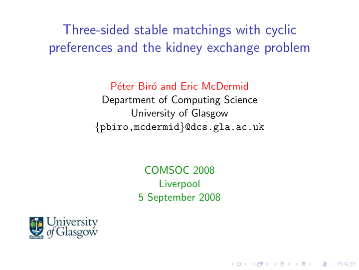 three sided stable matchings with cyclic preferences and