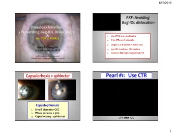 Capsulophimosis  Small diameter CCC  1. 2. Weak zonules x 360 3. Capsulotomy - sphincter  CTR after