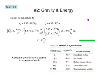 #2: Gravity &amp; Energy  Recall from Lecture 1: m e = 5.97  10 24 kg e = 6.37  10 6 m  r