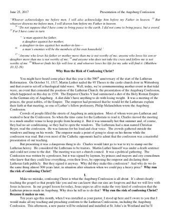 June 25, 2017  Presentation of the Augsburg Confession Whoever acknowledges me before men, I
