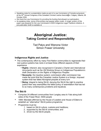 Aboriginal Justice: Taking Control and Responsibility  Ted Palys and Wenona Victor  Simon Fraser