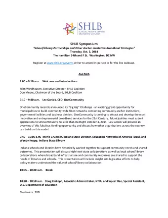 SHLB Symposium &quot;School/Library Partnerships and Other Anchor Institution Broadband