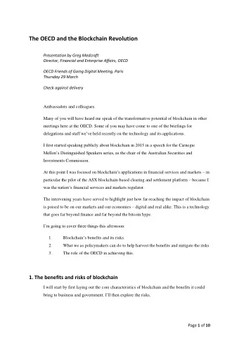 The OECD and the Blockchain Revolution  Presentation by Greg Medcraft  Director, Financial and