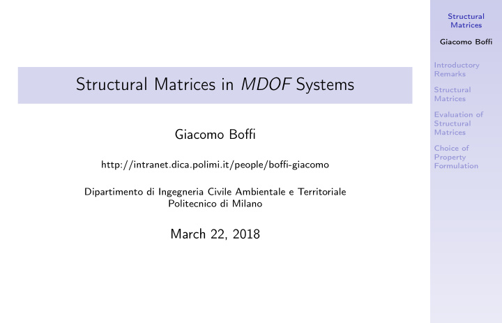 structural matrices in mdof systems