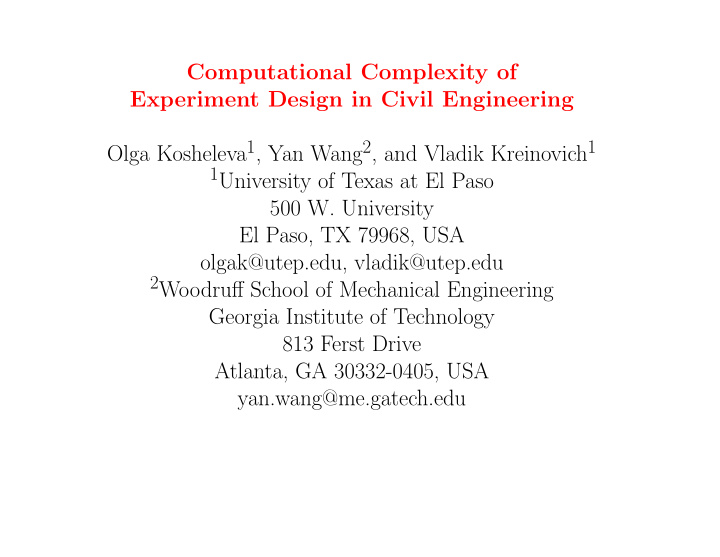 computational complexity of experiment design in civil