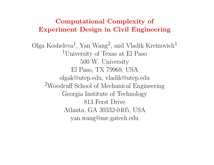 computational complexity of experiment design in civil