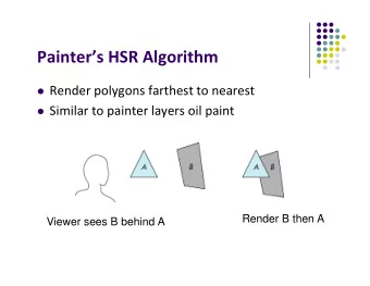 Painters HSR Algorithm  Render polygons farthest to nearest  Similar to painter layers oil