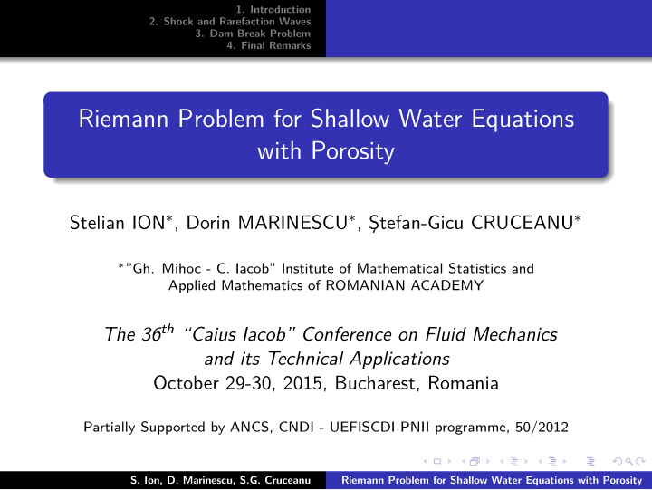 riemann problem for shallow water equations with porosity