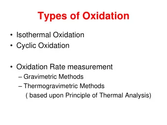 Types of Oxidation  Isothermal Oxidation  Cyclic Oxidation  Oxidation Rate measurement