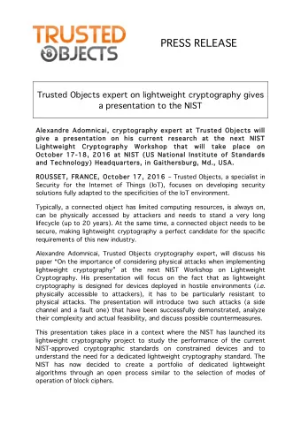 PRESS RELEASE  Trusted Objects expert on lightweight cryptography gives  a presentation to the NIST