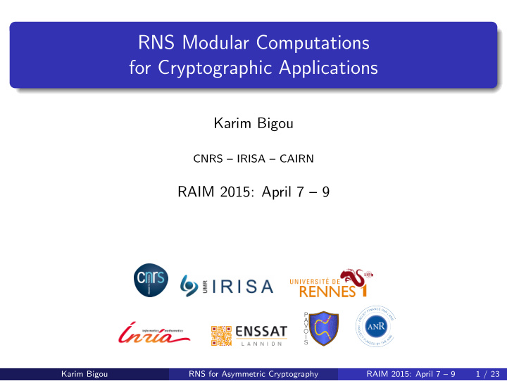 rns modular computations for cryptographic applications