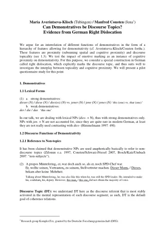 Can Demonstratives be Discourse Topics?  Evidence from German Right Dislocation  We argue for an