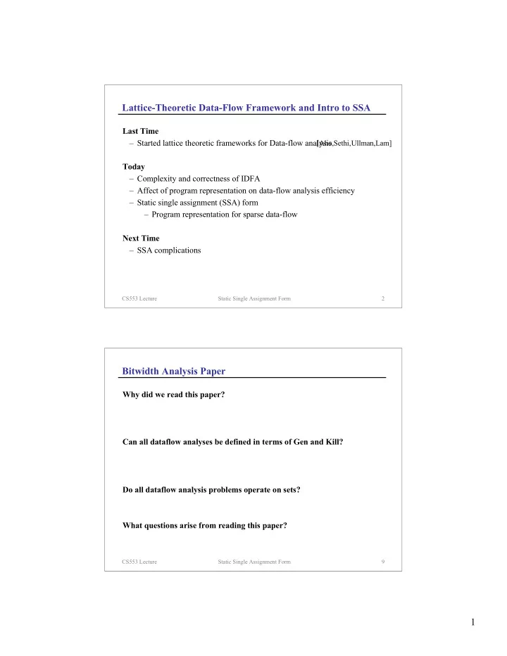 lattice theoretic data flow framework and intro to ssa