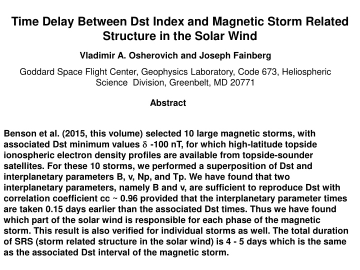 time delay between dst index and magnetic storm related