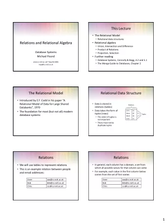 This Lecture  The Relational Model  Relational data structures  Relations and Relational