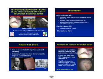 Disclosures  LEADS TO LESS POSTOPERATIVE FATTY  INFILTRATION THAN OPEN REPAIR  John Costouros, MD: