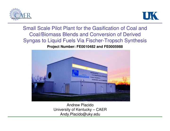 small scale pilot plant for the gasification of coal and