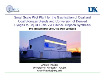 Small Scale Pilot Plant for the Gasification of Coal and  Coal/Biomass Blends and Conversion of