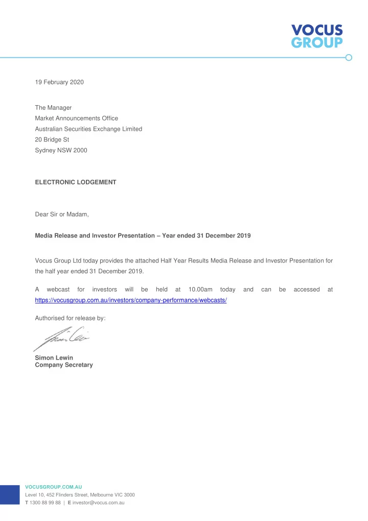 19 february 2020 the manager market announcements office