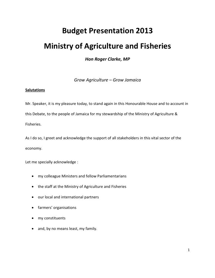 budget presentation 2013 ministry of agriculture and