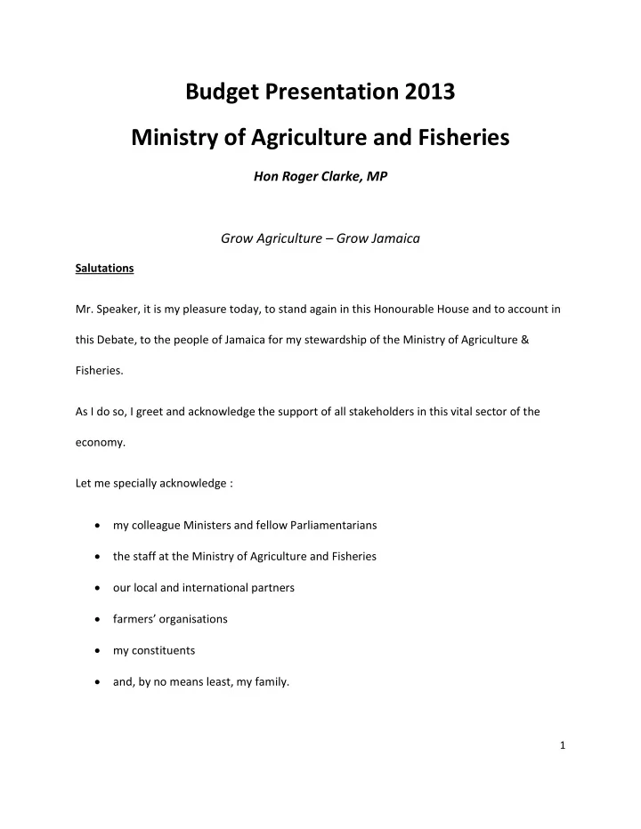 budget presentation 2013 ministry of agriculture and