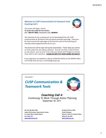 CUSP Communication &amp; Teamwork Tools  Coaching Call 4:  Continuing To Work Through Action