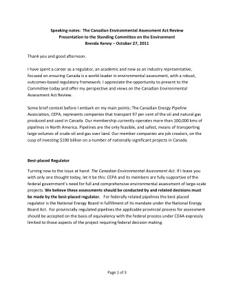 Speaking notes:  The Canadian Environmental Assessment Act Review  Presentation to the Standing