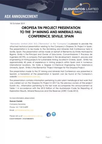 CONFERENCE, SEVILLE, SPAIN  Elementos Limited (ASX: ELT) (&quot;Elementos&quot; or the