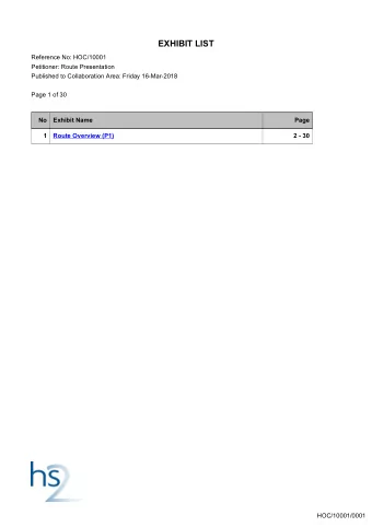 EXHIBIT LIST  Reference No: HOC/10001  Petitioner: Route Presentation  Published to Collaboration