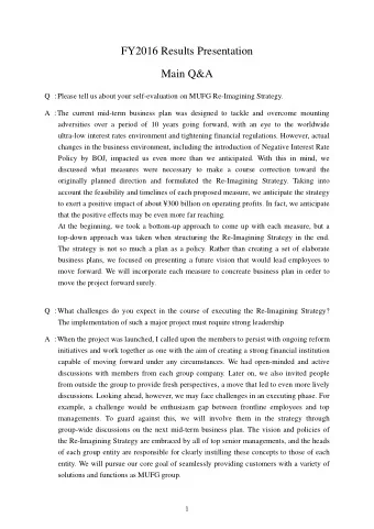FY2016 Results Presentation  Main Q&amp;A Q  Please tell us about your self-evaluation on MUFG