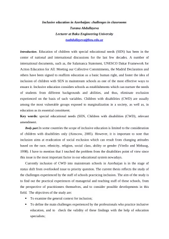 Inclusive education in Azerbaijan: challenges in classrooms  Turana Abdullayeva  Lecturer at Baku