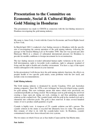 Presentation to the Committee on  Economic, Social &amp; Cultural Rights:  Gold Mining in Honduras