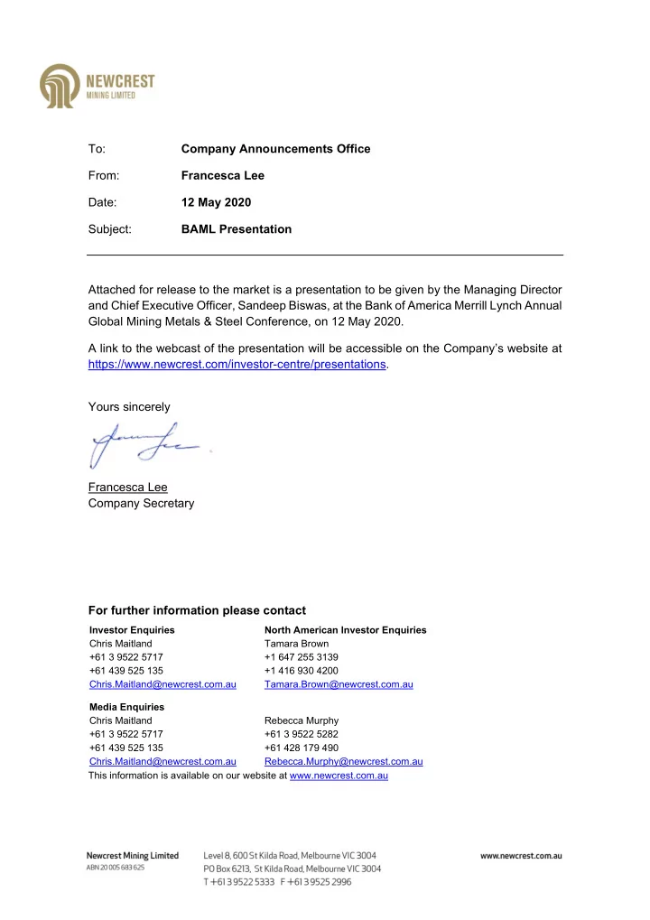 to company announcements office from francesca lee date
