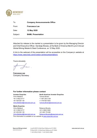 To:  Company Announcements Office  From:  Francesca Lee  Date: 12 May 2020  Subject:  BAML