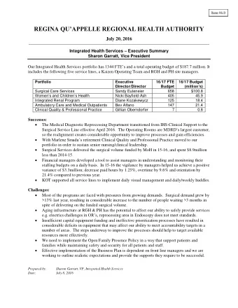 REGINA QUAPPELLE REGIONAL HEALTH AUTHORITY  July 20, 2016