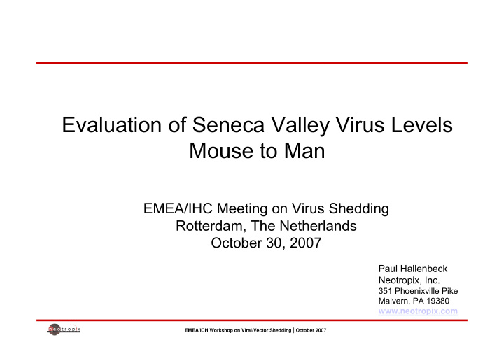 evaluation of seneca valley virus levels mouse to man