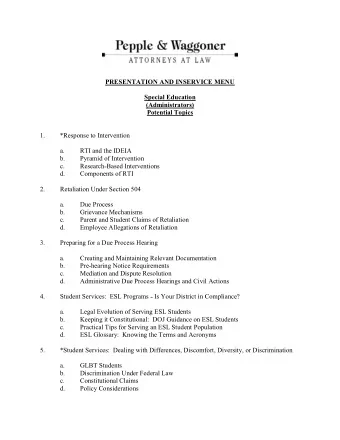 PRESENTATION AND INSERVICE MENU  Special Education  (Administrators)  Potential Topics  1.