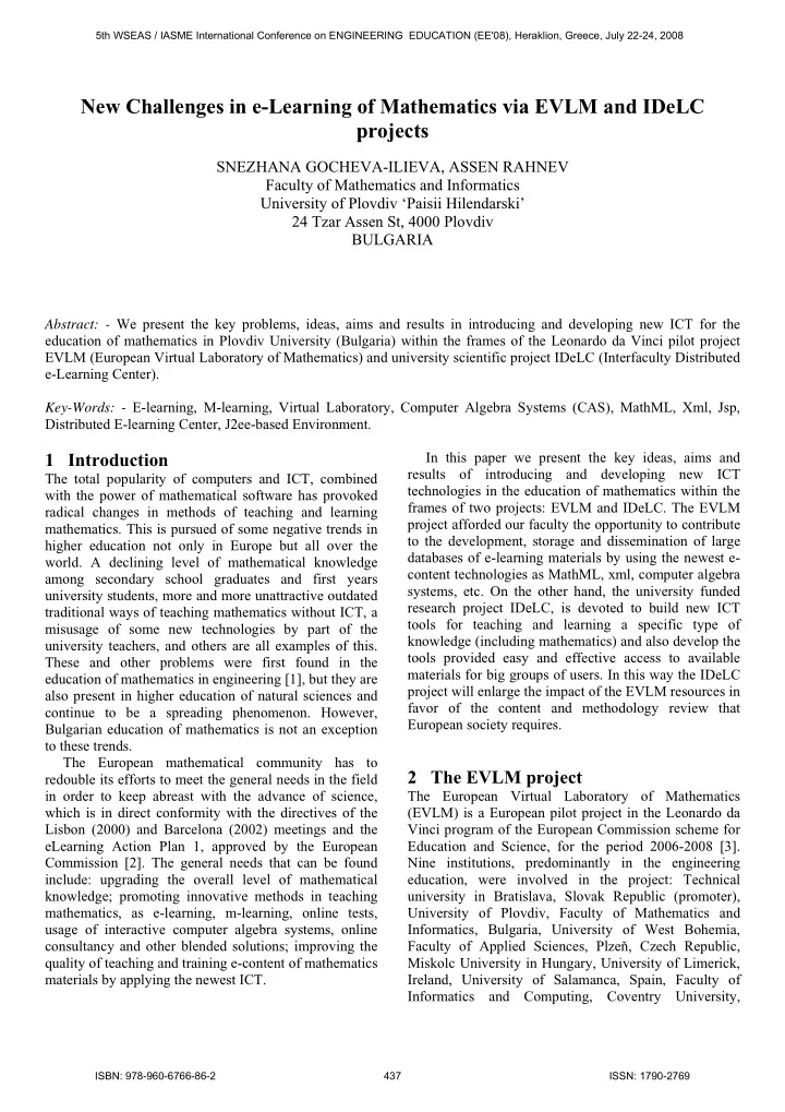 new challenges in e learning of mathematics via evlm and
