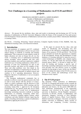 New Challenges in e-Learning of Mathematics via EVLM and IDeLC  projects SNEZHANA GOCHEVA-ILIEVA,