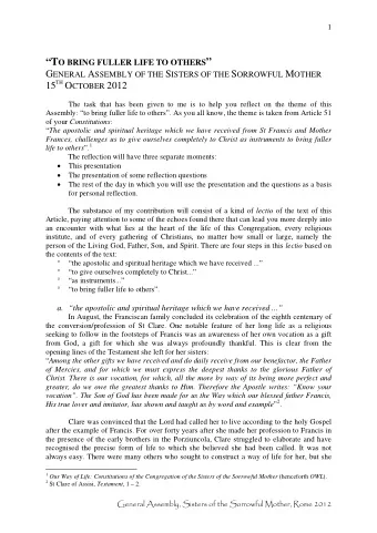 T O BRING FULLER LIFE TO OTHERS  G ENERAL A SSEMBLY OF THE S ISTERS OF THE S ORROWFUL M OTHER