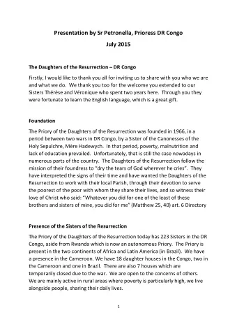 Presentation by Sr Petronella, Prioress DR Congo  July 2015 The Daughters of the Resurrection